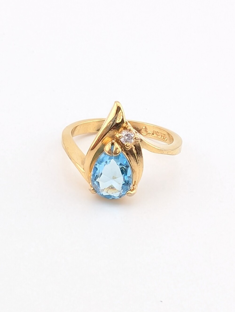 Vintage Gold Blue Pear Cut Crystal Ring • Signed KOREA Size 5